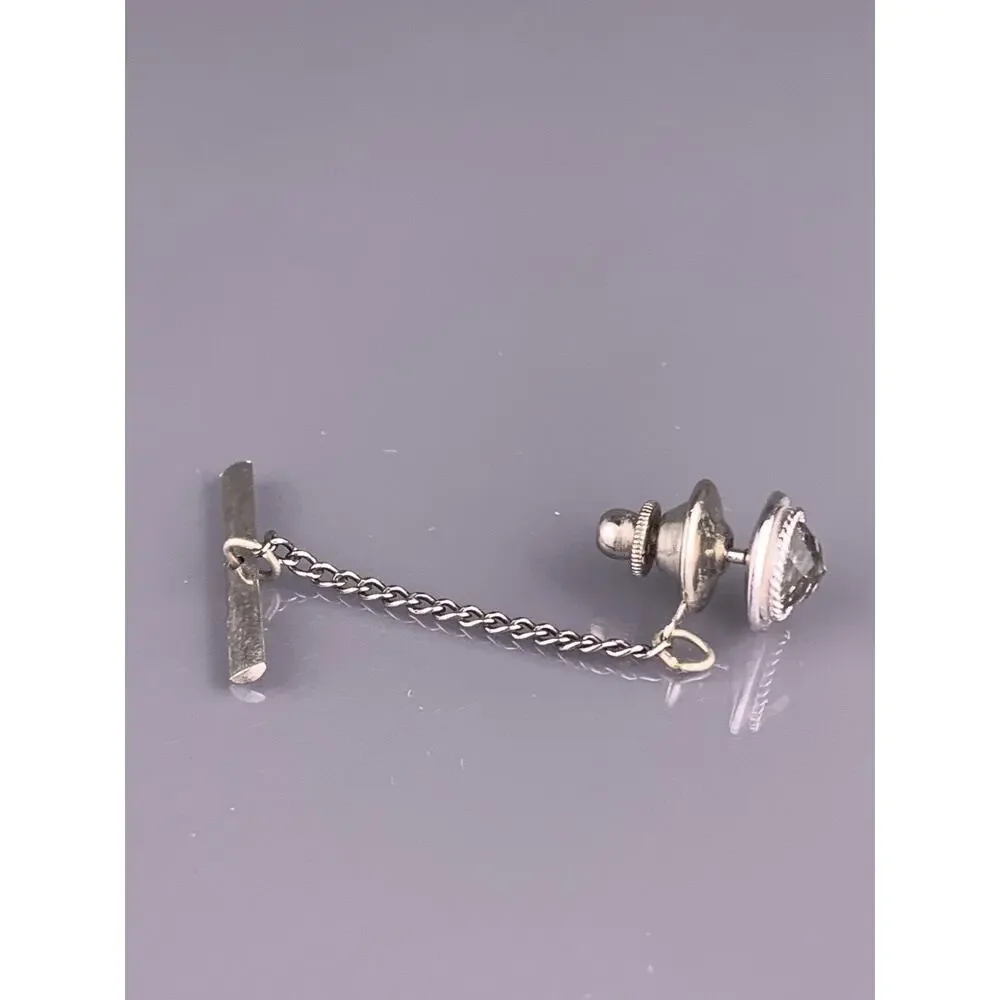 Gray Faceted Rhinestone Tie Tack Pin Silver Tone Round Swank Vintage